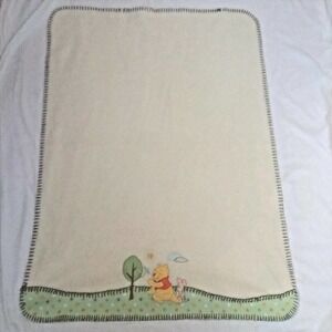 Vintage Disney Winnie the Pooh PigletIvory Cream Embroidered Baby Blanket